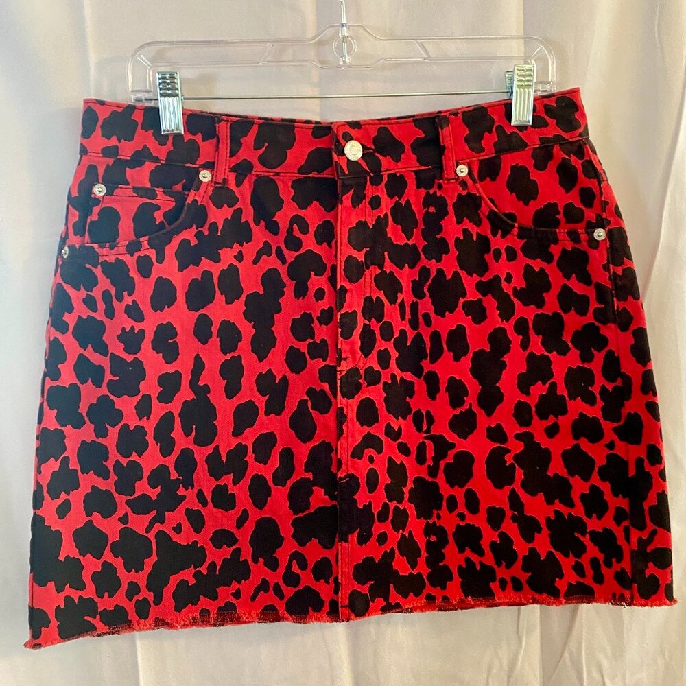 TOPSHOP MOTO Red Cow / Leopard Print Denim Skirt US Size 10